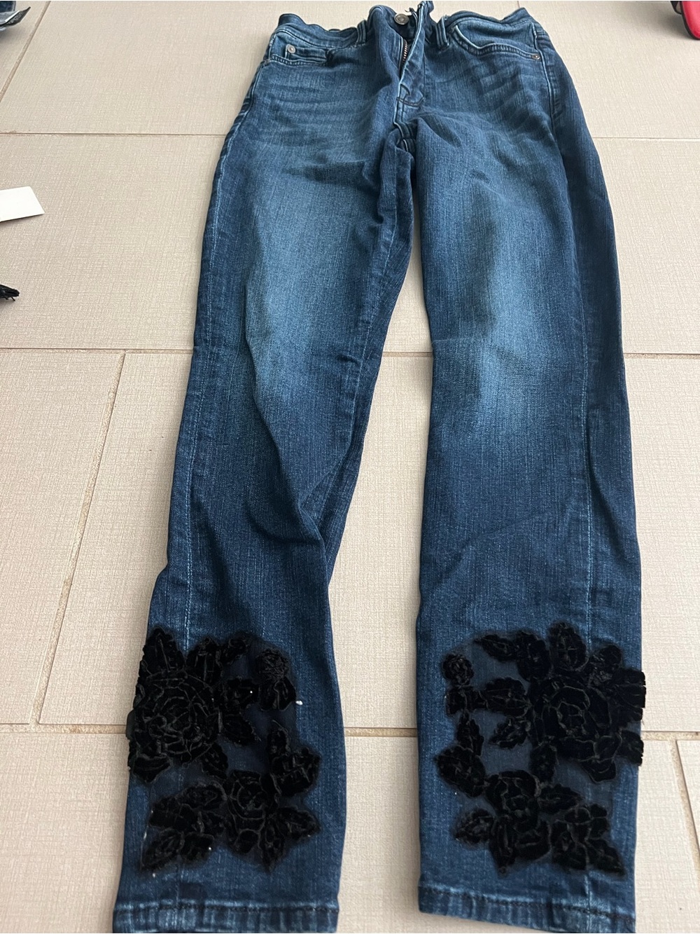Women's Dark Blue Denim Jeans with Black Floral AppliquƩ